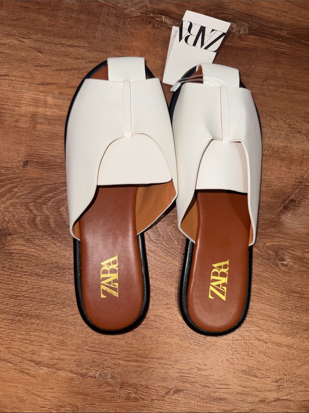 NWT Zara White Leather Cut Out Open Toe Slide Sandals Mules
